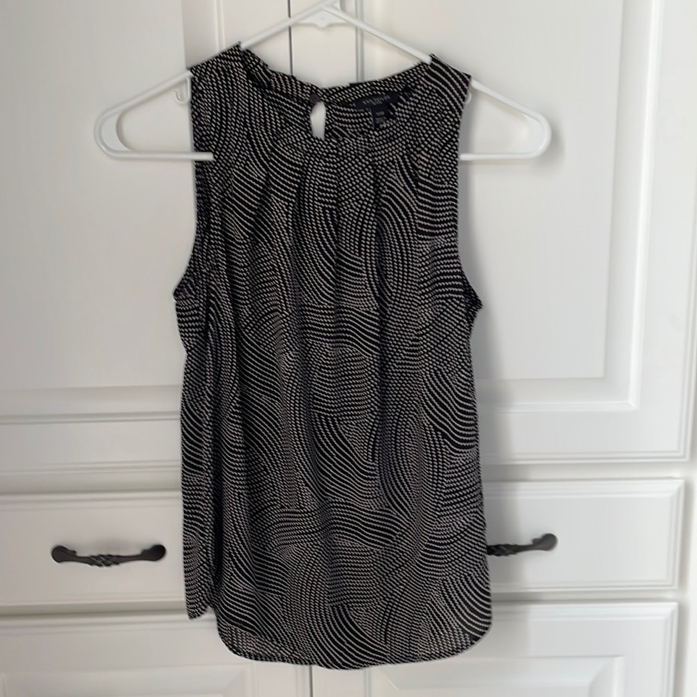 Ann Taylor XXS black w/white dots pleated neckline w/covered button back closure